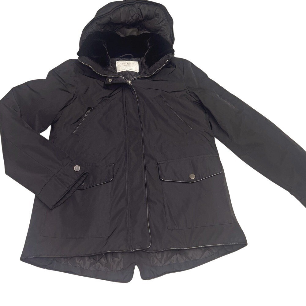 Zara Woman Black Hooded Parka Jacket Coat Faux Fur Collar Quilted Lining XS